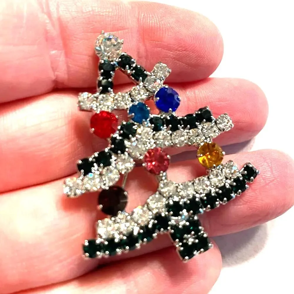 Vintage Christmas Tree Brooch Colorful Rhinestones Festive Holiday Silver Pin
